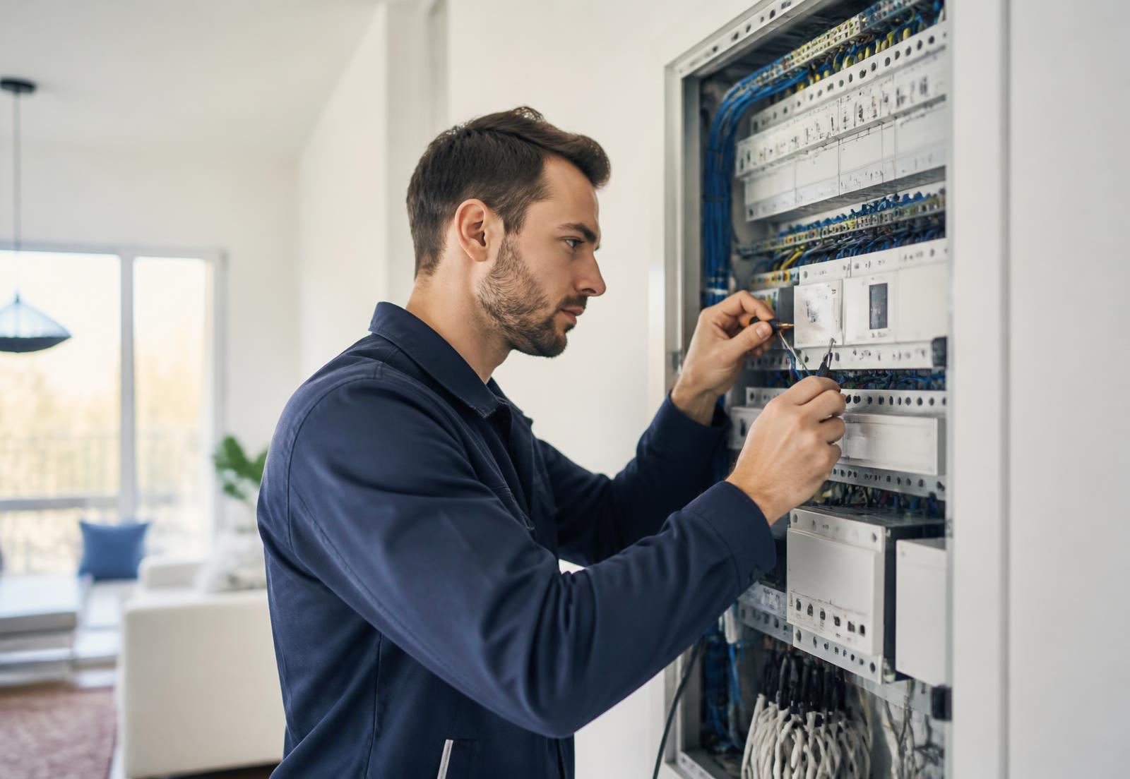 Elektromeister von Elektro Weber bei der Installation eines Verteilerschranks